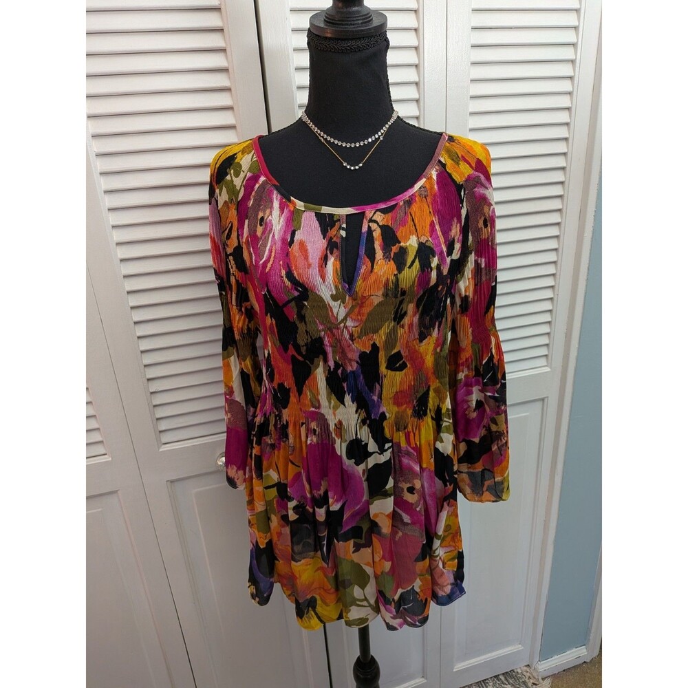 Avenue Top Womens 18/20 Boho Micro Pleat Peasant Multicolor Floral Blouse Hippie
